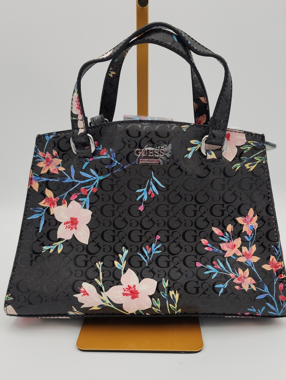 GUESS Black Floral Logo Satchel with Pink & Blue Accents
